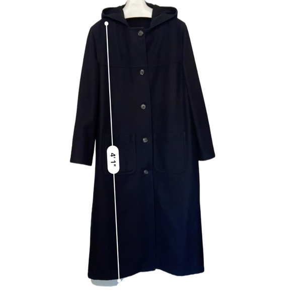 BURBERRY’S | Hooded Navy Blue Button Up Wool Maxi Over Coat Jacket Trench - Picture 9 of 16